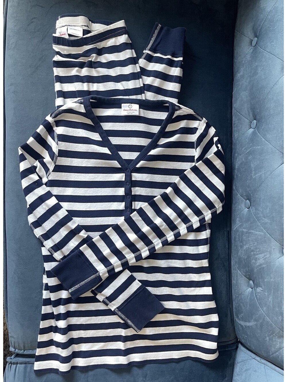 Hanna Andersson Pajama Set L Blue White Striped 100% Organic Cotton Peru Sleep